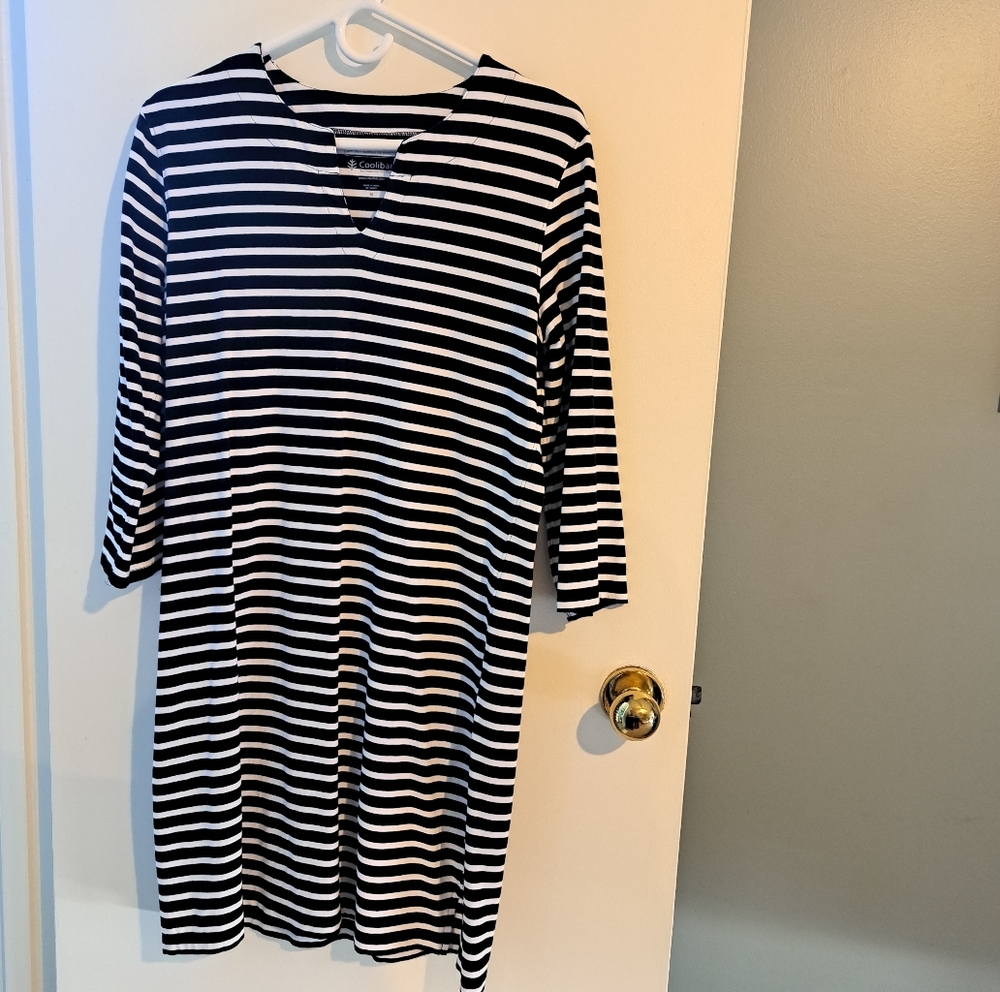 NWOT Coolibar Oceanside Navy & White Striped Tunic Dress Size M